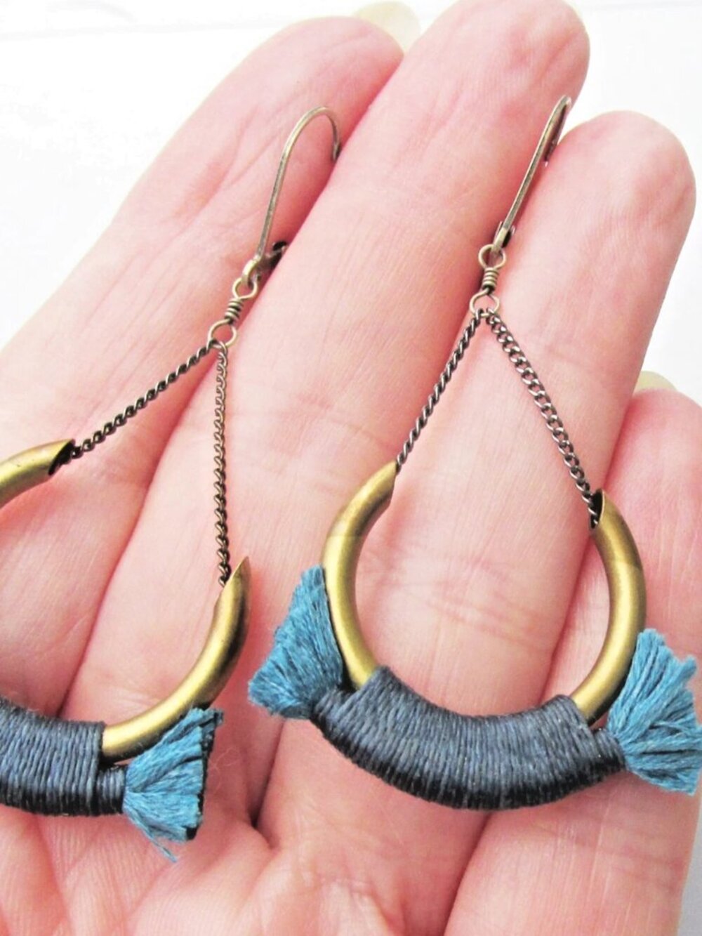 Vintage Blue String Wrapped Brass & Sterling Silver Hoop Dangle Lever Earrings